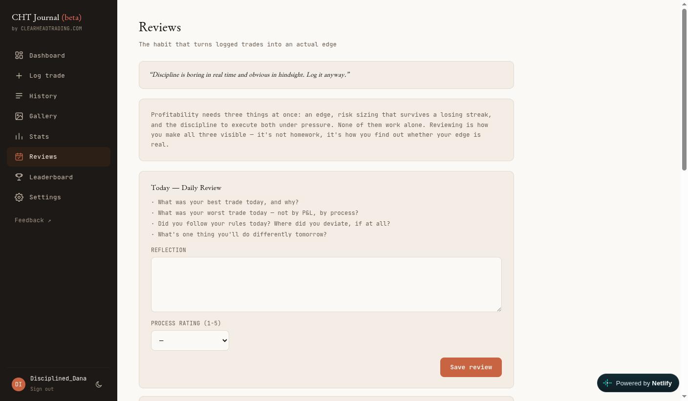CHT Journal daily review card with reflection prompts