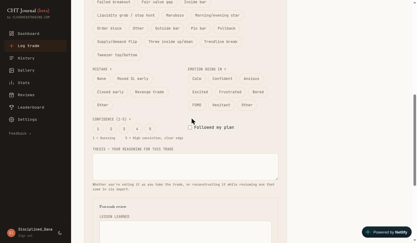 Mistake and emotion pill-pickers on the CHT Journal trade form
