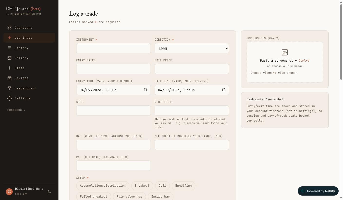Top of the CHT Journal trade entry form